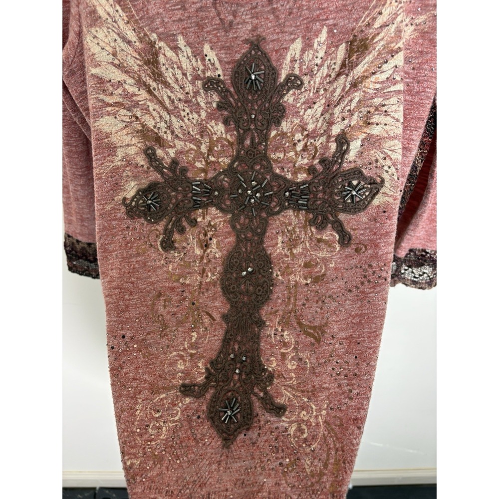 Miss Me Embroidered Crochet Tee 3/4 Sleeve Y2K 90's Embellished Size Small Cross - Picture 3 of 5